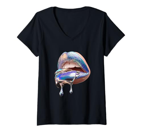 Damen Lippen Tropfflüssigkeit T-Shirt mit V-Ausschnitt Damen Lippen Tropfflüssigkeit T-Shirt mit V-Ausschnitt von Lip Art Modern