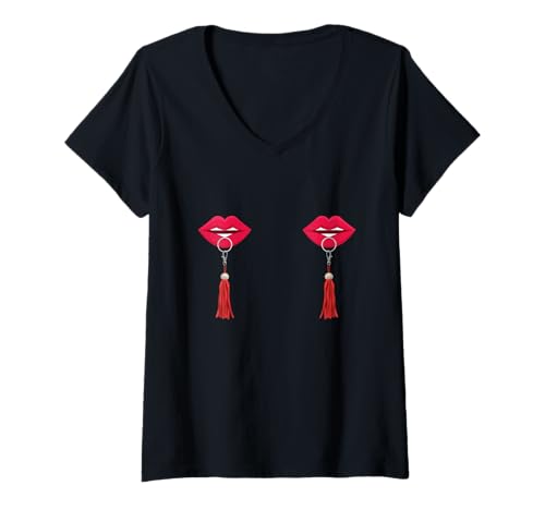 Damen Burlesque Lippen Brüste Nippel Quaste Burlesque Tänzerin T-Shirt mit V-Ausschnitt Damen Burlesque Lippen Brüste Nippel Quaste Burlesque Tänzerin T-Shirt mit V-Ausschnitt von Lip Boobies 1950s Burlesque Performers