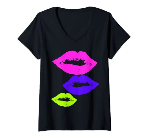 Damen Pink / Grün / Lila Lippenaufdruck – bunte Lippen T-Shirt mit V-Ausschnitt Damen Pink / Grün / Lila Lippenaufdruck – bunte Lippen T-Shirt mit V-Ausschnitt von Lip Print Clothing