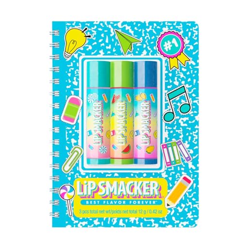 Lip Smacker, Back to School Collection, Spiral Notebook Lip Balm Trio, 3-teiliges Lippenbalsam-Set für Kinder mit Niedlichem Notizbuch, Lippenpflege in Leckeren Geschmacksrichtungen, Blau von Lip Smacker