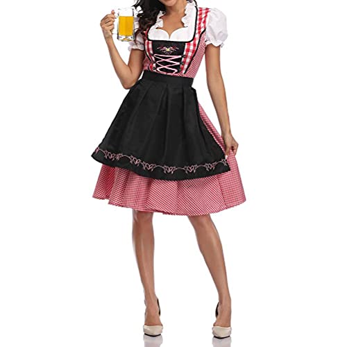 Lipeed Dirndl Damen Midi Oktoberfest Trachtenkleid, Oktoberfest Damen Outfit, Dirndl Kleid mit Schürze Maid Uniform Anzug, Kostüm-Set perfekt Fasching Karneval Oktoberfest von Lipeed