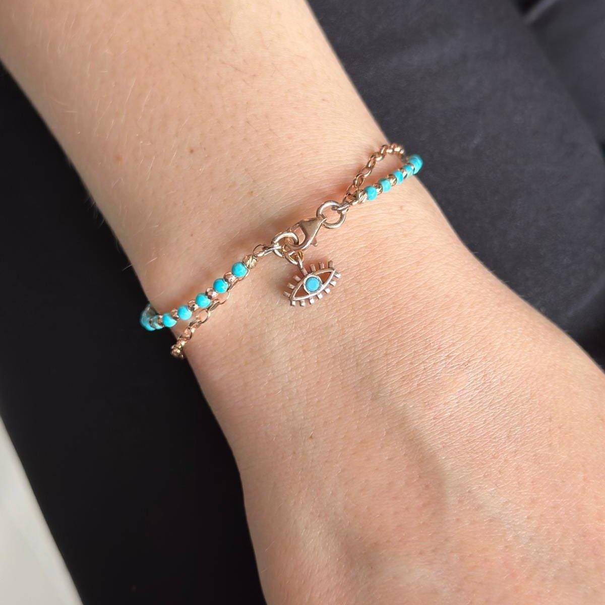 Türkis Edelstein Perlen Armband Rose Gold Sterling Silber Kettenschicht, Weihnachtsgeschenk Armband von LiplipsStore