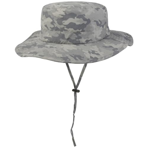 Lipodo Camouflage Bucket Stoffhut Sommerhut Sonnenhut Fischerhut Anglerhut Damen/Herren - mit Futter, Kinnband Frühling-Sommer - L (59-60 cm) grau von Lipodo