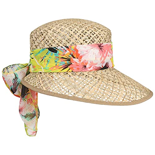 Lipodo Carina Damen Strohcap - Sonnenvisor One Size 55-57 cm (Höhe 8,5 cm) - Made in Italy - Strandcap aus Stroh - Sommercap mit floralem Garniturband - Frühling/Sommer Natur One Size von Lipodo