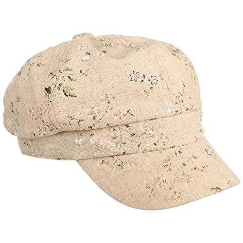 Lipodo Flowers Leinen Ballonmütze Damen - Schirmmütze mit Leinen - Schildmütze mit Blumenmuster - Bakerboy-Mütze mit Stretchband - Damencap Frühjahr/Sommer beige S (55-56 cm) von Lipodo