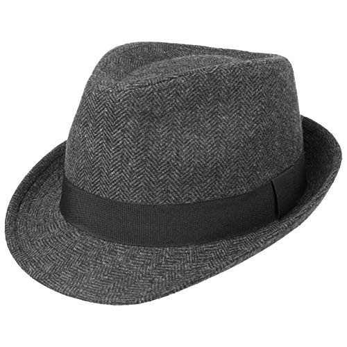 Lipodo Trilby Hut Herringbone Damen/Herren - Stoffhut Classic mit Ripsband und Fischgrat-Muster - Trilbyhut Sommer/Winter - Fedora schwarz-grau S (55-56 cm) von Lipodo