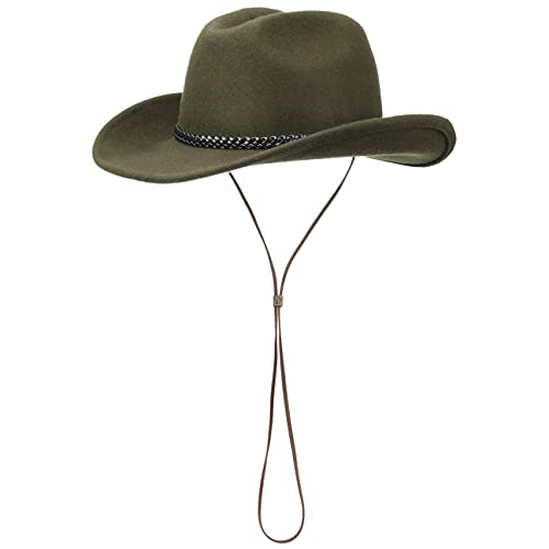 Lipodo Westernhut mit Kinnband Damen/Herren - Westernhut aus 100% Wollfilz - Made in Italy - Rodeohut mit Lederband - Cowboyhut aus Filz Sommer/Winter Oliv S (54-55 cm) von Lipodo