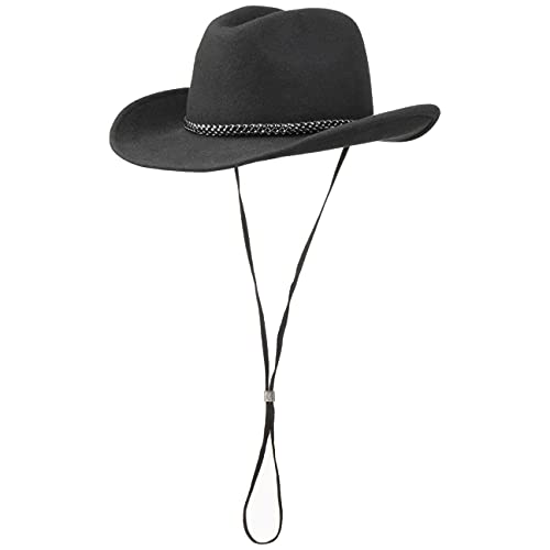 Lipodo Westernhut mit Kinnband Damen/Herren - Westernhut aus 100% Wollfilz - Made in Italy - Rodeohut mit Lederband - Cowboyhut aus Filz Sommer/Winter schwarz XL (60-61 cm) von Lipodo