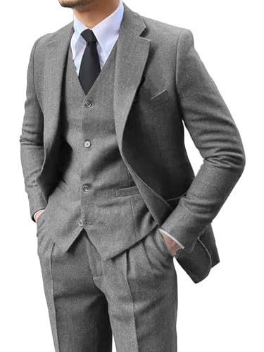 Herren 3 Stück Anzug Retro Slim Fit Anzug Tweed Fischgrätenanzug Business Anzug Hochzeit Party Smoking mit Blazer Weste Hose, GRAU, XS von Lipoon