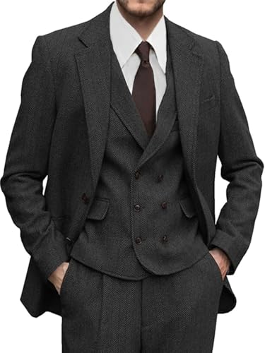 Lipoon Herren 3-teiliger Retro Slim Fit Anzug Wolle Tweed Fischgrätenmuster Business formell Hochzeit Party Smoking, Schwarz, 3XL von Lipoon