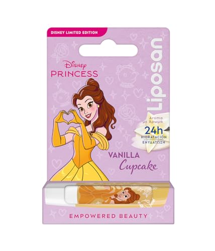 LIPOSAN Vanilla Cupcake Limited Edition Disney Prinzessin Bella (1 x 4,8 g), Lippenbalsam für Kinder mit 24 h Flüssigkeitszufuhr, Vanille-Balsam für weiche und schöne Lippen von Liposan