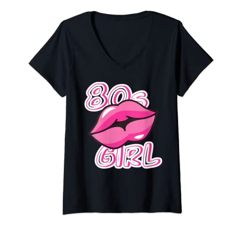 Damen 80s Girl Lippen 80er Jahre Kind Retro Achtziger Musik Style T-Shirt mit V-Ausschnitt von Lips 80er 90er Design Idee