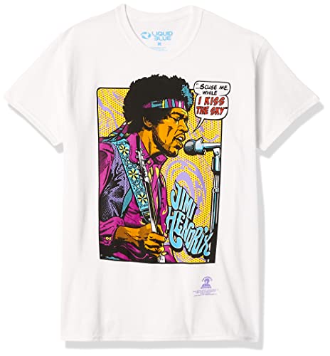 Liquid Blue Unisex-Erwachsene Jimi Hendrix Pop Art 'Scuse Me While I Kiss The Sky T-Shirt, weiß, Large von Liquid Blue
