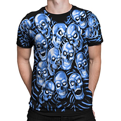 Liquid Blue Unisex-Erwachsene Skull Pile Blue Fantasy All Over Print Short Sleeve T-Shirt, schwarz, Large von Liquid Blue
