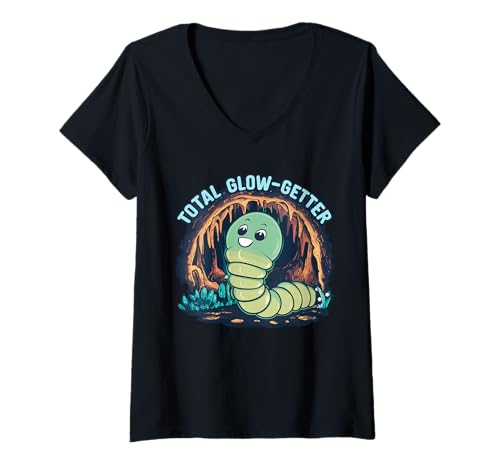 Damen Totales Glow-Getter-Abenteuer mit süßen Würmern in der Höhle T-Shirt mit V-Ausschnitt Damen Totales Glow-Getter-Abenteuer mit süßen Würmern in der Höhle T-Shirt mit V-Ausschnitt von Liquid Prints