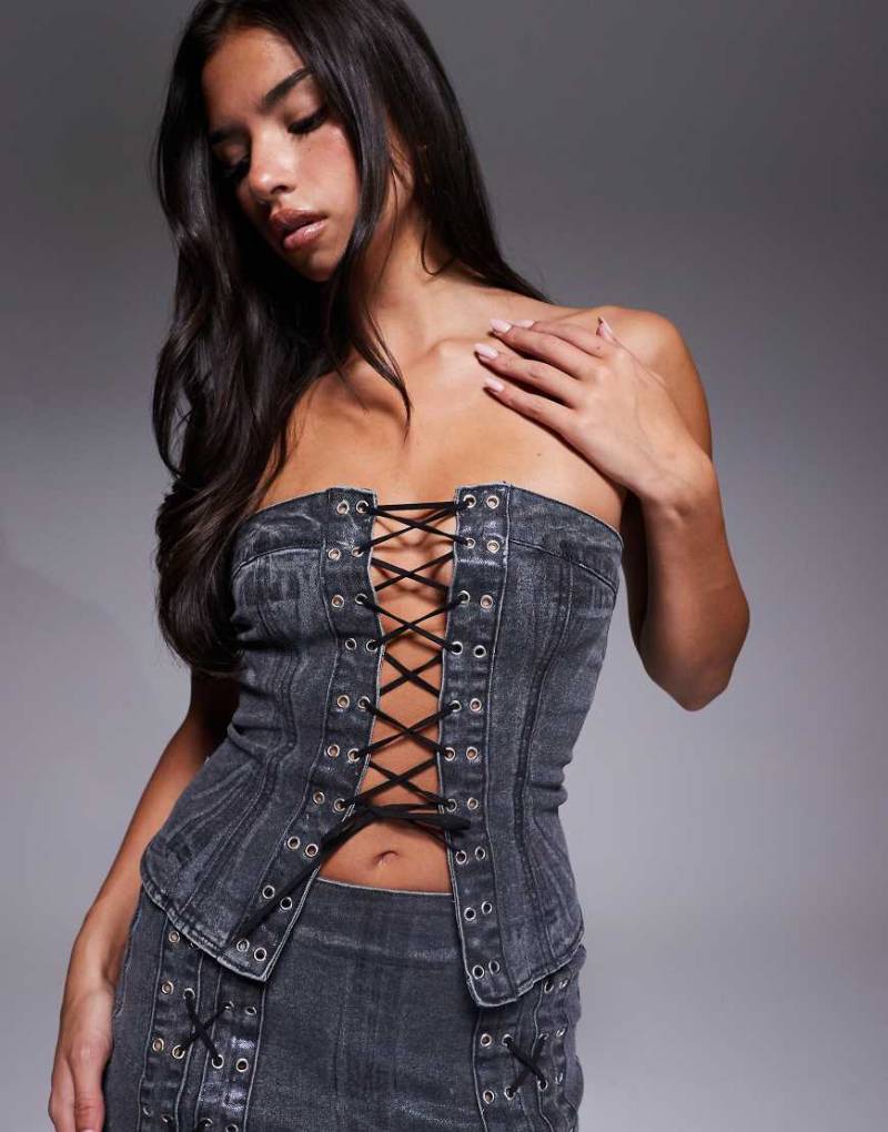 Liquor N Poker - Jeans-Korsettoberteil in Anthrazit mit PU-Beschichtung und Schnürung-Grau von Liquor N Poker