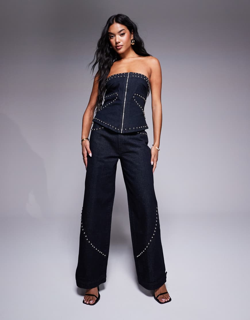 Liquor N Poker - Mit Nieten besetzte Baggy Jeans in Indigoblau mit Nahtdetails, Kombiteil-Marineblau von Liquor N Poker