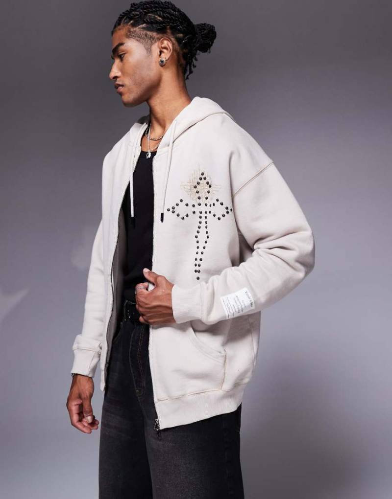 Liquor N Poker - Oversize-Kapuzenpullover in Beige mit Printmotiv und Zwei-Wege-Reißverschluss-Neutral von Liquor N Poker