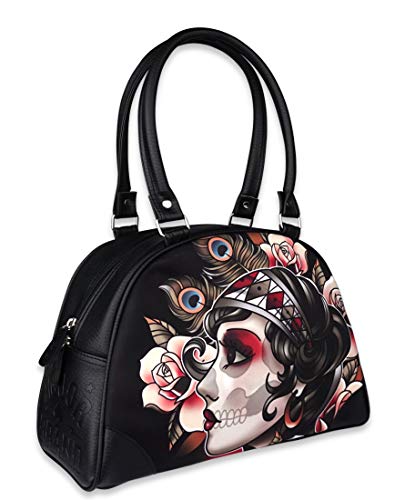 Liquorbrand Bowler Geldbörse Damen Handtasche aus Kunstleder Dark Goth Retro Tattoo Print Damen Tasche, Mehrfarbig, 13.8"W x 9.8"H von Liquorbrand