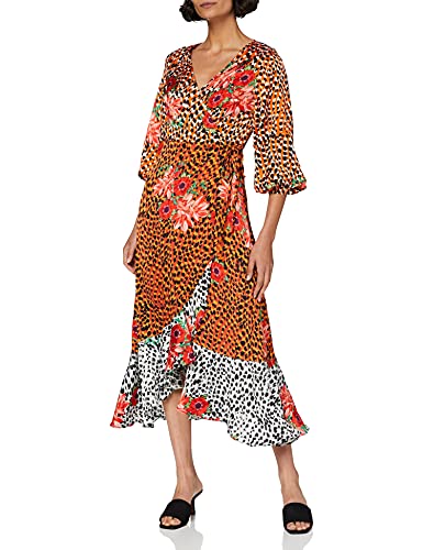 Liquorish Damen Three Tones Animal Mix Floral Printed Wrap Midi Dress with Balloon 3/4 Length Sleeves Kleid, Mehrfarbig (Multicolour Multicolour), 36 (Herstellergröße: 10) von Liquorish