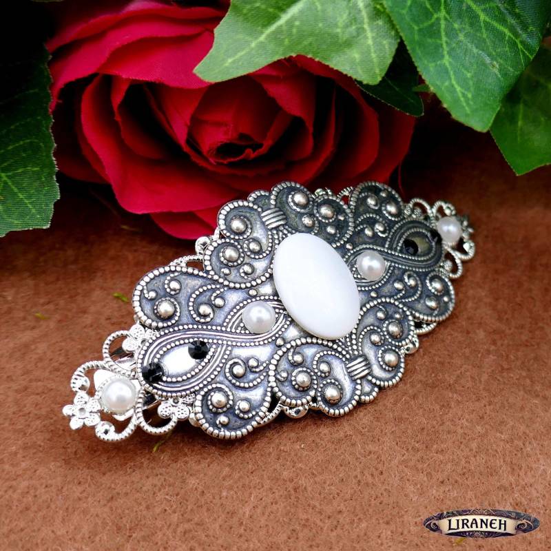 Haarspange Silberfarben Ornament | Messing Versilbert Mit Strass Weißer Glascabochon Oval von Schmuckfamos