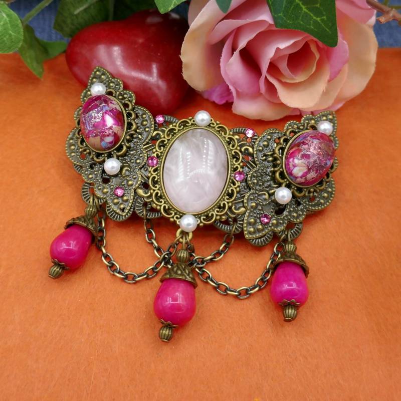 Unikat Edelstein Haarspange Bronzefarben Mit Swarowski Strass Pink Rosenquarzcabochon Impression Jaspis Cabochon Jadetropfen von Schmuckfamos