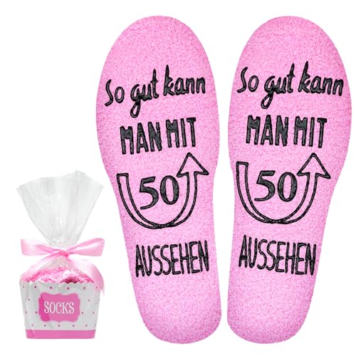 Lircentoud Socken Frauen,Rosa Geschenkideen für Frauen zum Geburtstag,Lustige Socken für Freundin Mädchen,Kuschelsocken mit Zahlen 18/30/40/50/60,Antirutsch (50) von Lircentoud