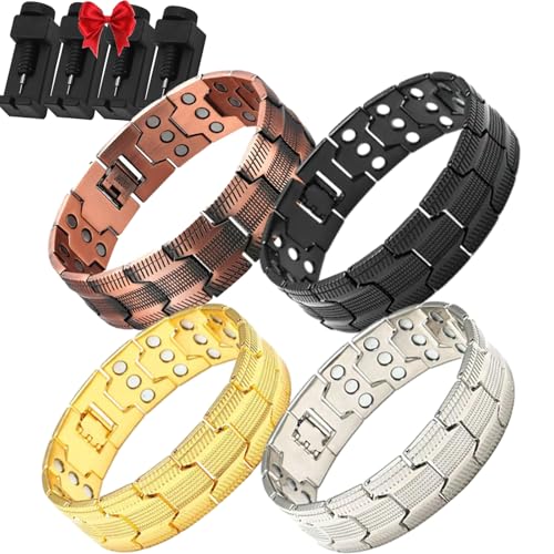 Ultra-Stärke Magnetisches Kupfer-Armband, Dreireihiges Magnetarmband, Verstellbares Leichtes Kupferarmband Für Herren, Gesundheitsenergiearmband Mit Ablösewerkzeug (Rot+Silber+Gelb+Schwarz) von Lircofi