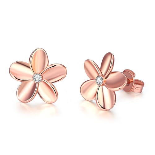 Lirzxin 14 Karat 585 Rose Gold Ohrringe Stecker, Damen Ohrstecker Blume mit Rund Diamant Ohrringe Hochzeit für Frauen Rosegold von Lirzxin