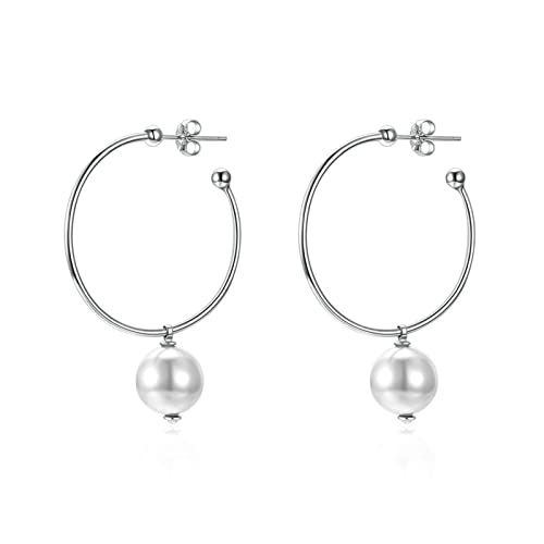 Lirzxin 14 Karat Weißgold Ohrringe 585, Drop Ohrhänger Damen Große Kreis mit Perle Ohrringe Hochzeit für Frauen Weißgold von Lirzxin