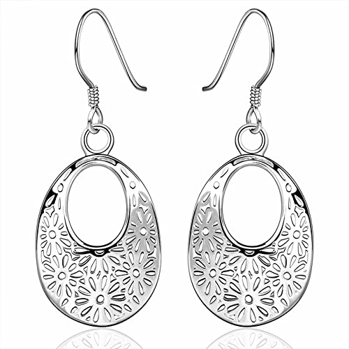 Lirzxin 18 Karat Weißgold Ohrringe 750, Drop Ohrhänger Damen Retro Hohl Blume Oval Ohrringe Hochzeit für Frauen Weißgold von Lirzxin