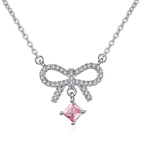 Lirzxin 18K Weißgold Halskette Damen 750 Echtgold, Anhänger Halskette Damen 45 CM Erstellter Diamant Bogenknoten mit Quadratisch Turmalin Geburtstag Kette für Frauen Weißgold von Lirzxin