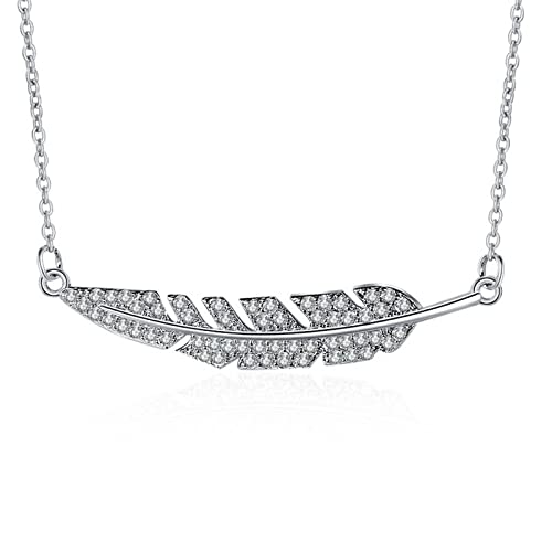 Lirzxin 18K Weißgold Halskette Damen Echt Gold 750, Kette Anhänger Damen 45 CM Feder mit Rund Erstellter Diamant Geburtstag Halskette für Frauen Weißgold von Lirzxin