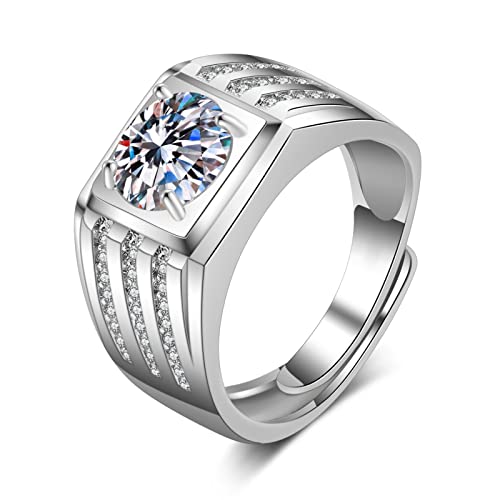 Lirzxin 585 Gold Ring Herren 14 Karat, Eheringe Für Männer Verstellbar Breite Linien mit Rund Moissanit Verlobung Ringe Weißgold Gr. 66 (21.0) von Lirzxin