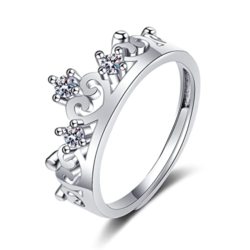 Lirzxin 9 Karat Weißgold Ringe Damen, Freundschaftsringe Damen Verstellbar Hohl Herz Kronen Design mit Rund Moissanit Trauringe Hochzeitsringe Weißgold Große 47 (15.0) von Lirzxin