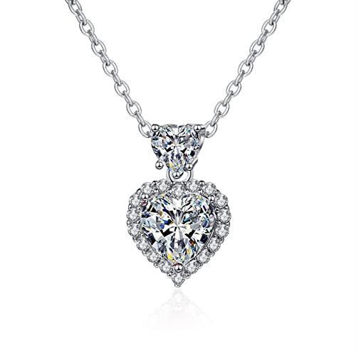 Lirzxin 9K Weißgold Halskette Damen 375 Echtgold, Anhänger Halskette Damen 45 CM Doppel Herz mit Rund Erstellter Diamant und Moissanit Geburtstag Kette für Frauen Weißgold von Lirzxin