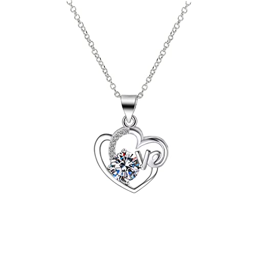 Lirzxin Anhänger Kette 375 Weißgold, Halskette Damen 45 CM Love Herz mit Rund Erstellter Diamant Hochzeit Halskette für Frauen Braut Weißgold von Lirzxin