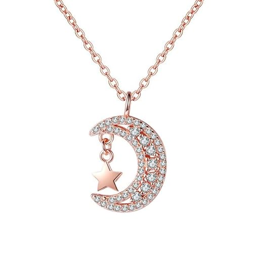 Lirzxin Damen Kette Rosegold 18 Karat 750, Halskette Anhänger Damen 45 CM Mond Stern mit Rund Erstellter Diamant Hochzeit Kette für Frauen Braut Rosegold von Lirzxin