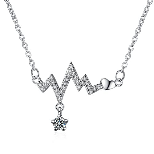 Lirzxin Damen Kette Weißgold 14 Karat 585, Halskette Anhänger Damen 45 CM Herzschlag mit Rund Erstellter Diamant Geburtstag Kette für Frauen Weißgold von Lirzxin