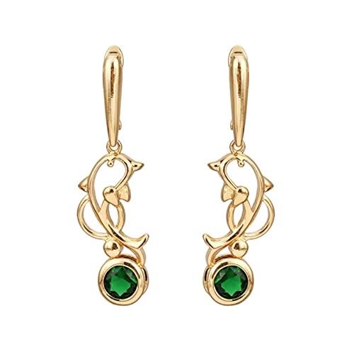 Lirzxin Damen Ohrhänger Gold 585, Ohrringe Damen Hohl Delfin mit Rund Grün Erstellter Smaragd Geburtstag Ohrringe für Frauen Gelbgold von Lirzxin