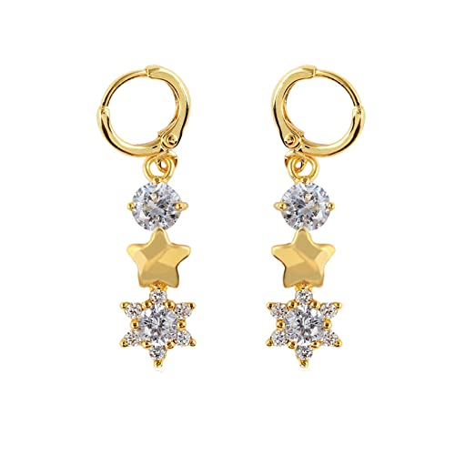 Lirzxin Damen Ohrringe Gold 585, Damen Ohrhänger Creolen mit Stern Rund Weiß Moissanit Hochzeit Ohrringe für Braut Gelbgold von Lirzxin