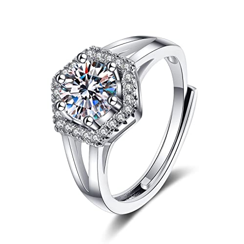 Lirzxin Damen Ring 375 Weißgold 9 Karat, Frauen Ring Verlobung Verstellbar Sechseck Design mit Rund Moissanit Freundschaftsringe Weißgold Gr. 65 (20.7) von Lirzxin