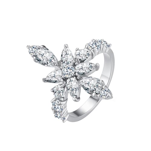 Lirzxin Damen Ring Weißgold 375 9 Karat, Verlobungsring Frauen Luxus Blume mit Rund Wassertropfen Erstellter Diamant Eheringe Hochzeitsringe Weißgold Gr. 52 (16.6) von Lirzxin