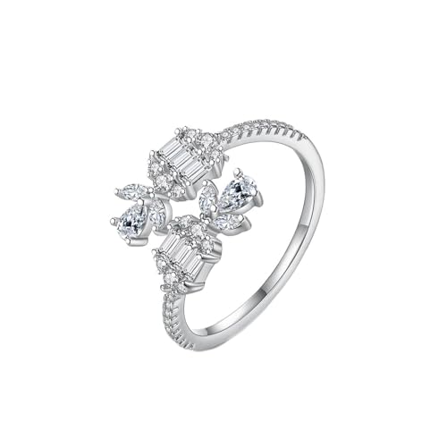 Lirzxin Damen Ring Weißgold 750 18 Karat, Freundschaftsringe Damen Verstellbar Offen Blume mit Wassertropfen Moissanit Trauringe Verlobungsringe Weißgold Gr. 62 (19.7) von Lirzxin