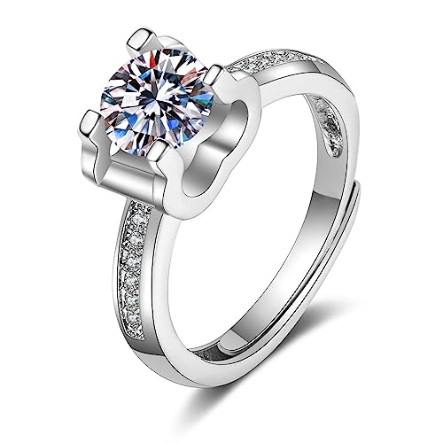 Lirzxin Ehering Weißgold Damen 375 9 Karat, Partnerringe Damen Verstellbar Geometrisch Rund Moissanit mit 4 Zinken Verlobungsringe Trauringe Weißgold Große 48 (15.3) von Lirzxin