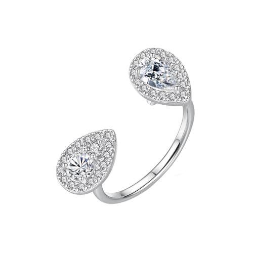 Lirzxin Ehering Weißgold Damen 375 9 Karat, Verlobungsring Für Frauen Verstellbar Offen Doppel Wassertropfen Design mit Moissanit Trauringe Hochzeitsringe Weißgold Gr. 65 (20.7) von Lirzxin