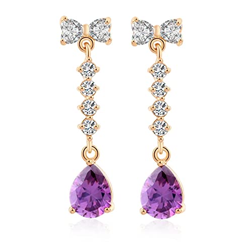 Lirzxin Gelbgold Ohrringe Damen 750, Ohrhänger Damen Lang Quaste Herz Bogenknoten mit Wassertropfen Amethyst Geburtstag Ohrringe für Frauen Gelbgold von Lirzxin