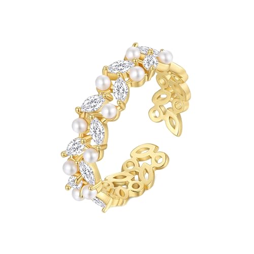 Lirzxin Goldring Damen 585 14 Karat, Damen Ringe Für Verlobung Verstellbar Offen Marquise Form Erstellter Diamant und Perle Eheringe Gelbgold Gr. 54 (17.2) von Lirzxin