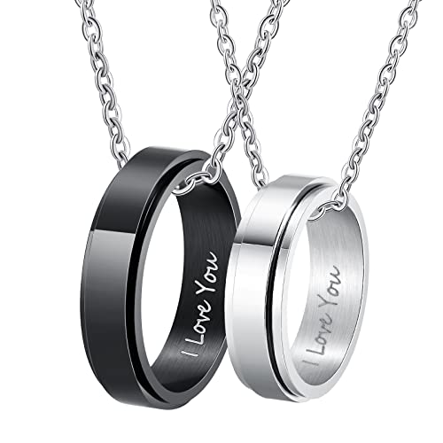 Lirzxin Halskette Edelstahl Mit Ring Anhänger, Partner Halsketten für Sie und Ihn Mit Gravur I Love You 6MM Ring Silber Schwarz von Lirzxin