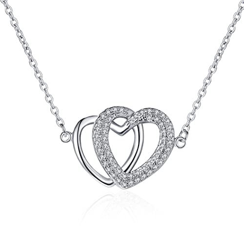 Lirzxin Halskette Frauen Weißgold 18 Karat 750, Kette Anhänger Damen 45 CM Doppelt Hohl Herz mit Diamant Hochzeit Halskette für Frauen Braut Weißgold von Lirzxin